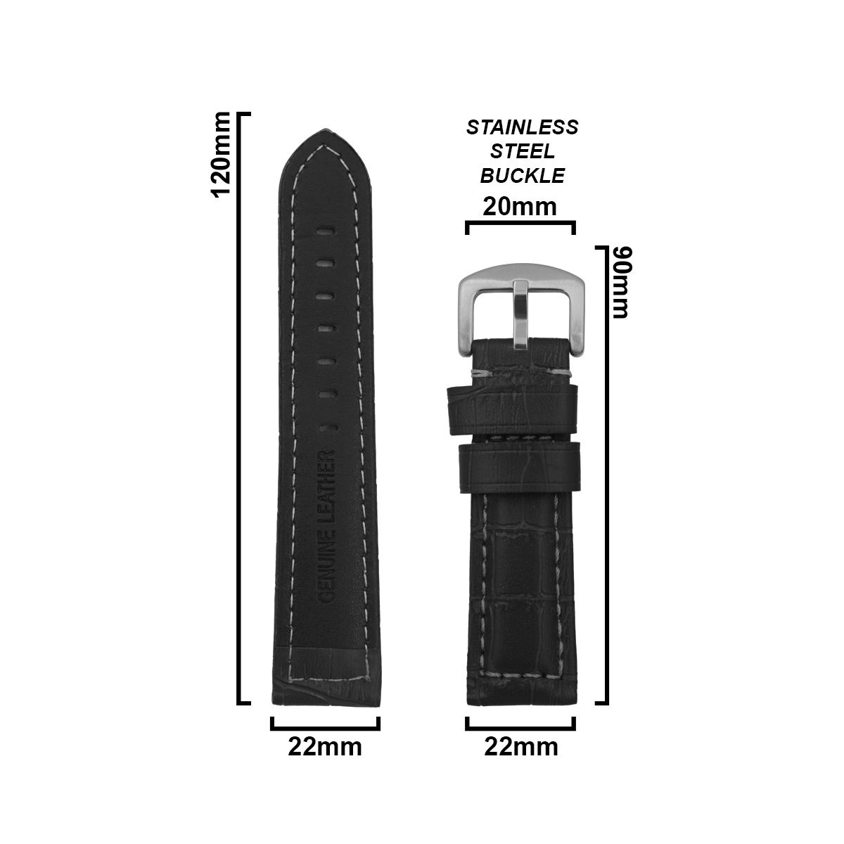 DBLACK [KID] CROCO DESIGN w/ WHITE STITCH, LEATHER WATCH STRAP