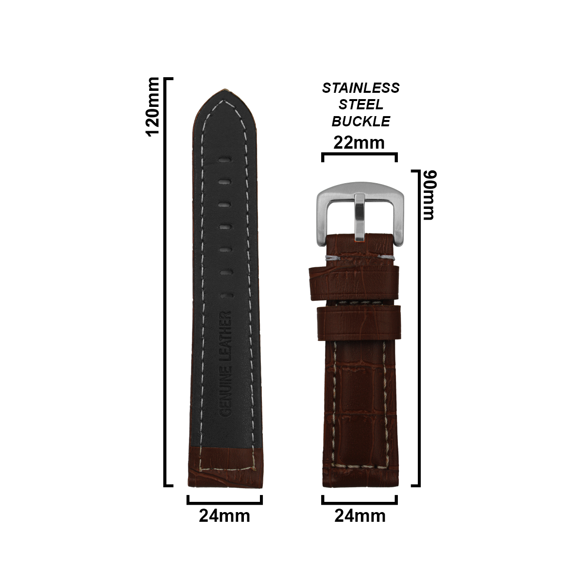 DBLACK [KID] CROCO DESIGN w/ WHITE STITCH, LEATHER WATCH STRAP