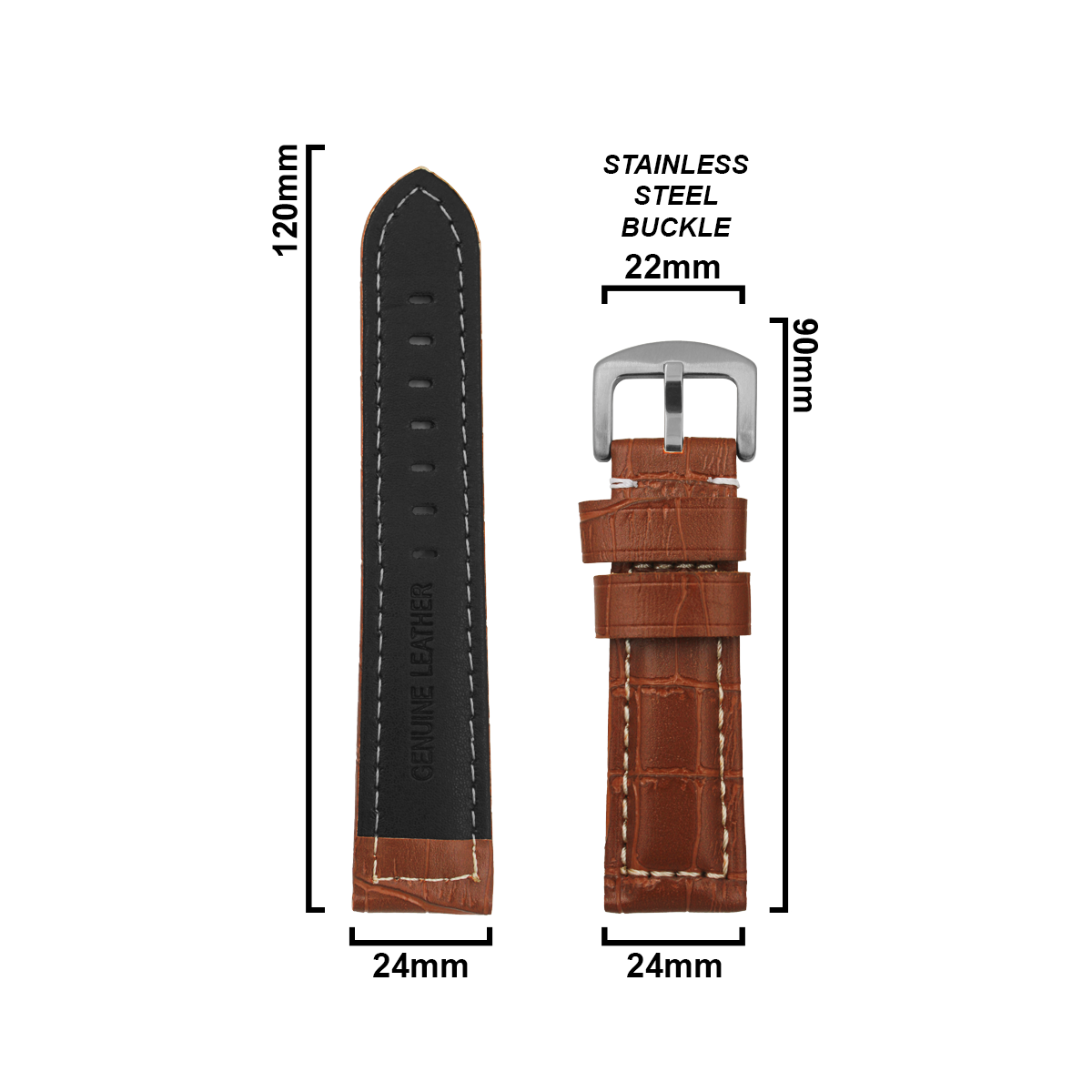 DBLACK [KID] CROCO DESIGN w/ WHITE STITCH, LEATHER WATCH STRAP