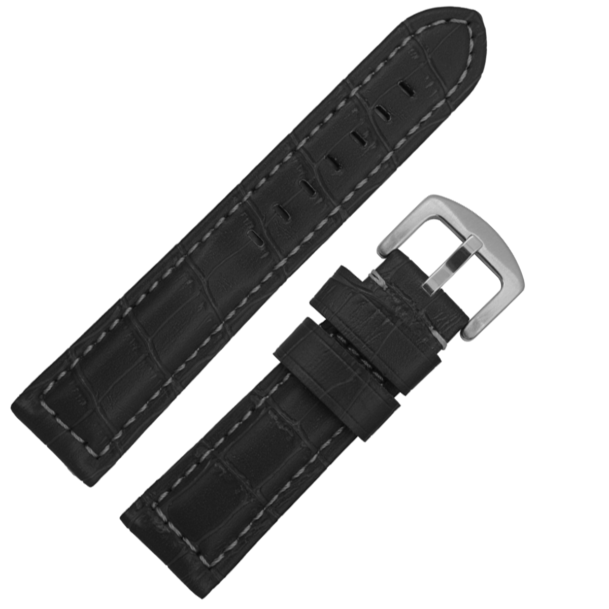 DBLACK [KID] CROCO DESIGN w/ WHITE STITCH, LEATHER WATCH STRAP