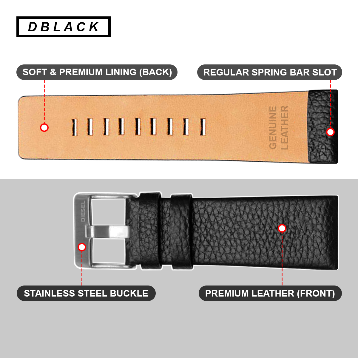 DBLACK [DSLDS2] PEBBLE DESIGN, LEATHER WATCH STRAP // FOR "DIESEL" WATCHES