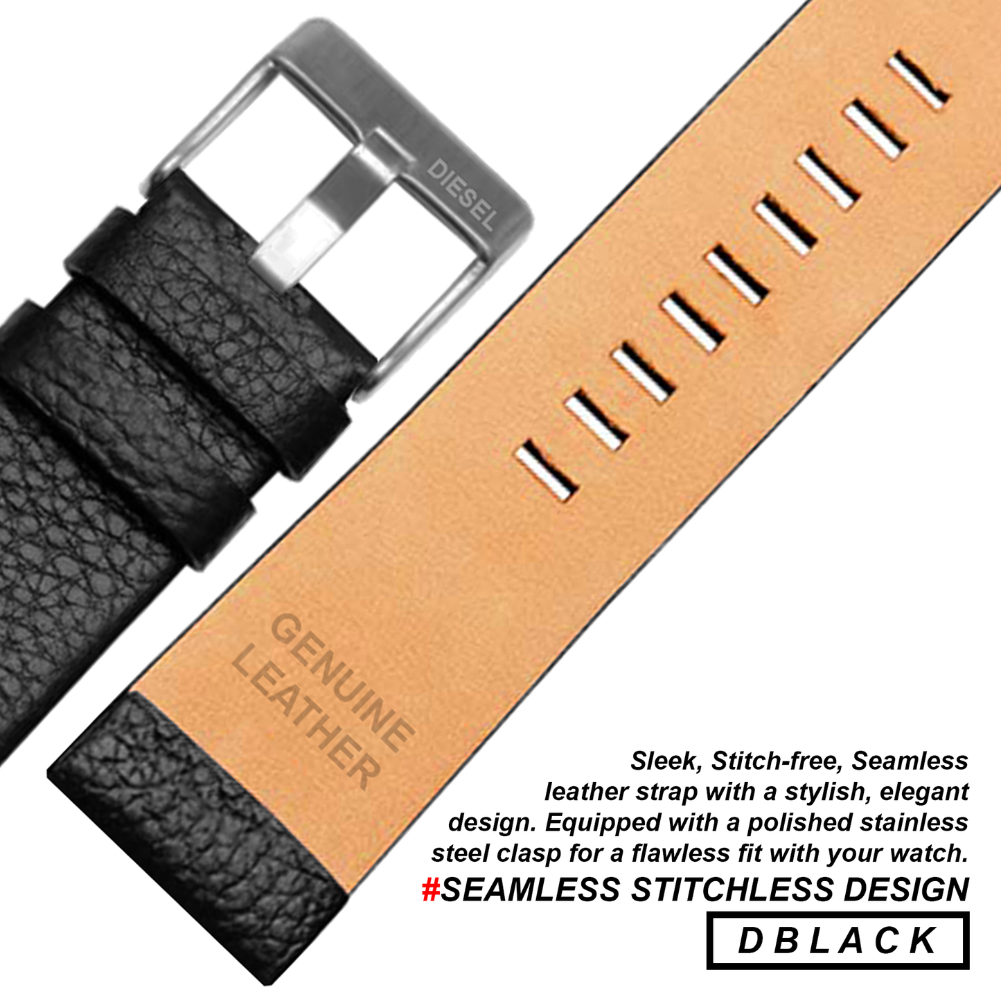 DBLACK [DSLDS2] PEBBLE DESIGN, LEATHER WATCH STRAP // FOR "DIESEL" WATCHES